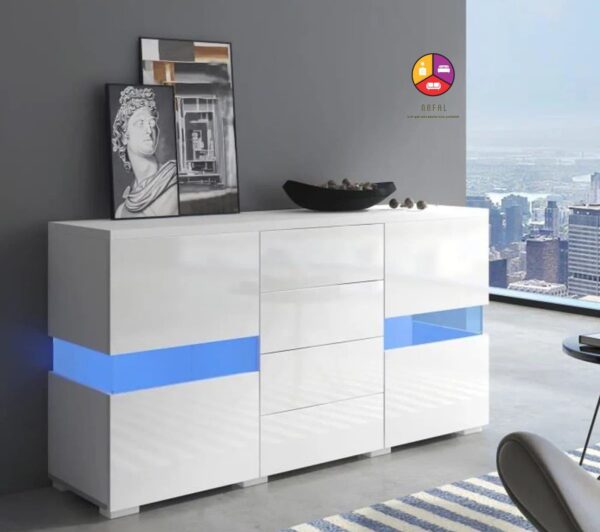 Buffet led blanc 2 porte 4 tiroir