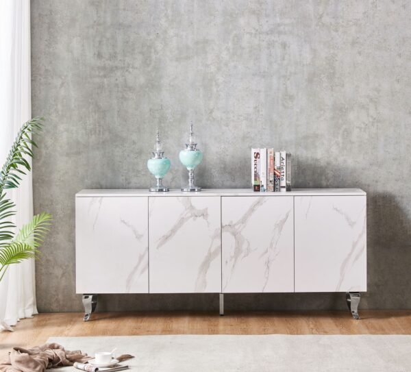 BUFFET BAROQUE LAQUE MARBRE BLANC 4 PORTES PIEDS CH