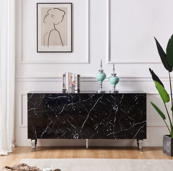 BUFFET BAROQUE LAQUE MARBRE NOIR 3 PORTES PIEDS CH