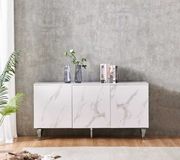 BUFFET BAROQUE LAQUE MARBRE BLANC 3 PORTES