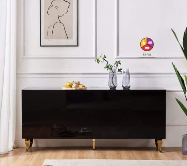 BUFFET BAROQUE LAQUE NOIR 4 PORTES PIEDS GOLD