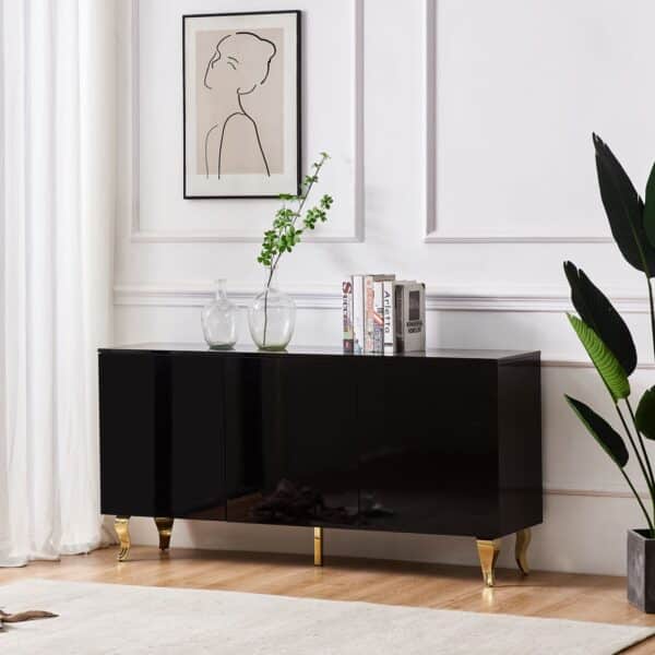 BUFFET BAROQUE LAQUE NOIR 3 PORTES PIEDS GOLD