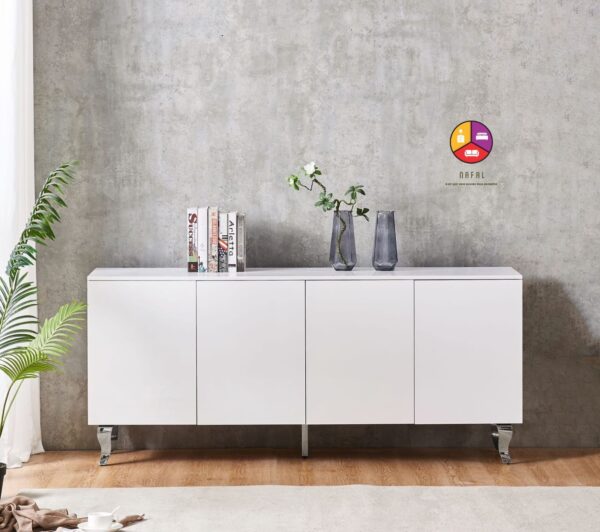 BUFFET BAROQUE LAQUE BLANC 4 PORTES PIEDS CHROME