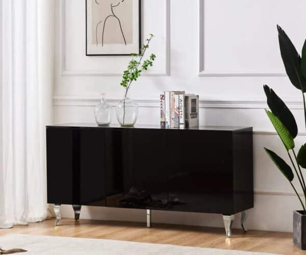 BUFFET BAROQUE LAQUE NOIR 3 PORTES PIEDS CHROME