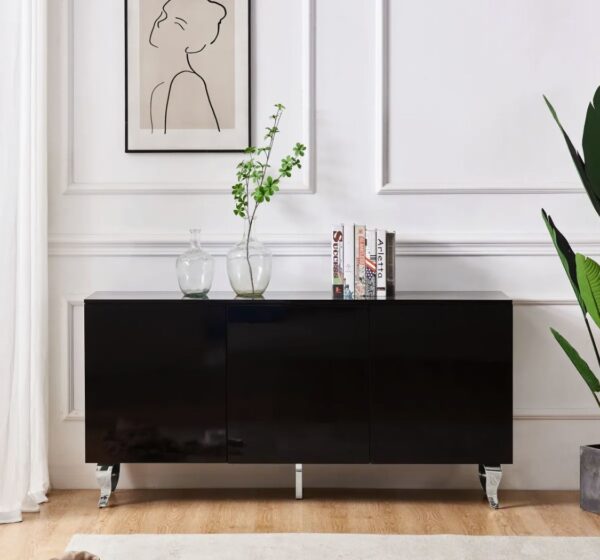 BUFFET BAROQUE LAQUE NOIR 3 PORTES PIEDS CHROME - Image 2