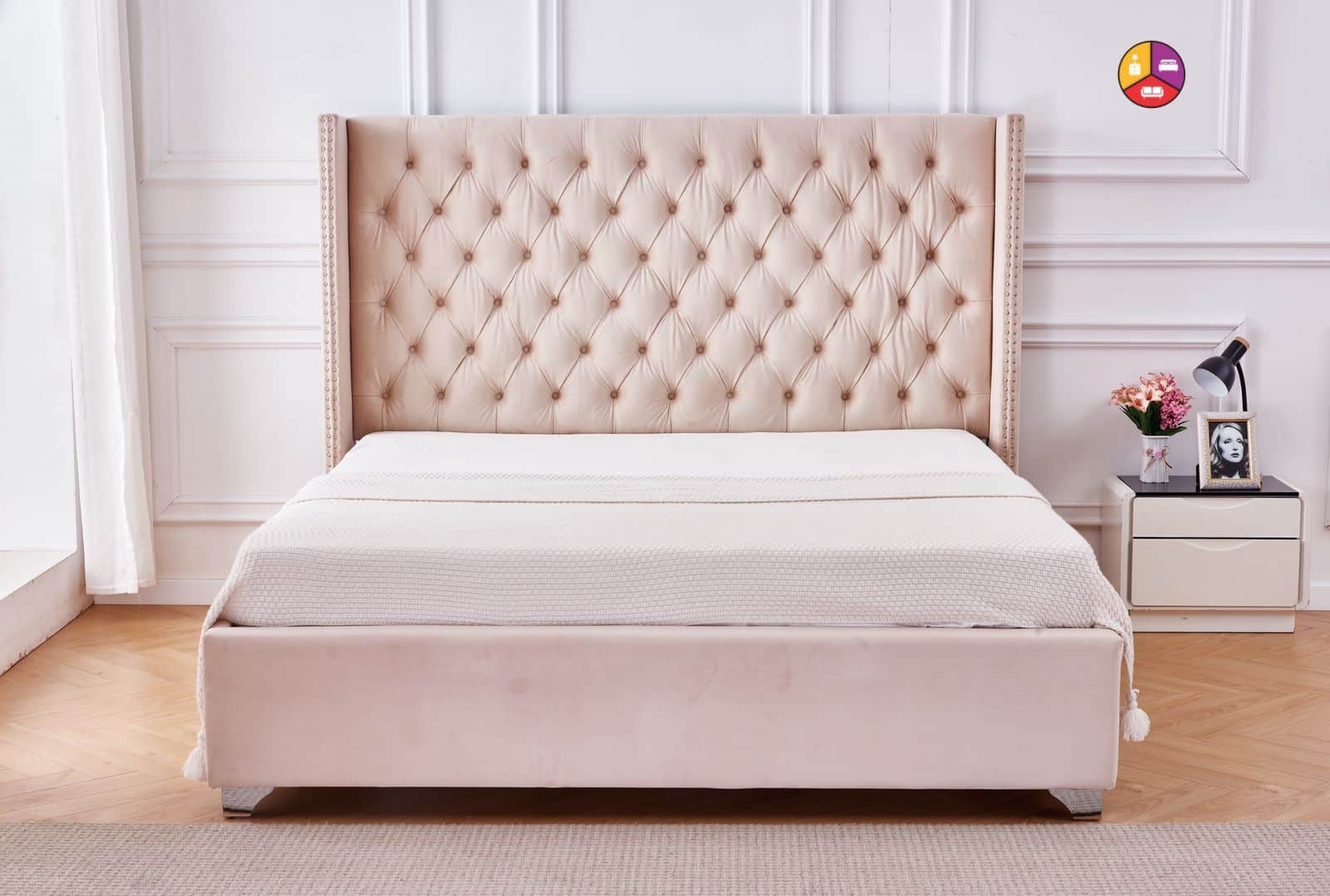 Lit Coffre 180 X 200 Cm - Lit Double Capitonné Avec LED Et Charge Usb C M Tal Lin Bois Massif Sans Matelas Beige