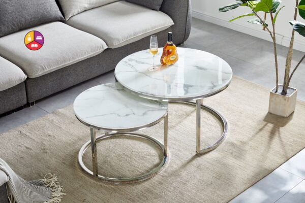 TABLE BASSE GIGOGNE CHROME MARBRE BLANC