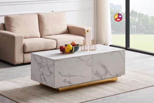 TABLE BASSE FLOTTANTE A COFFRE GOLD MARBRE BLANC