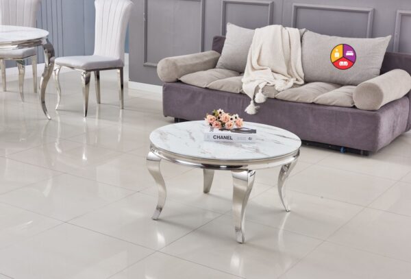 TABLE BASSE BAROQUE RONDE CHROME MARBRE BLANC