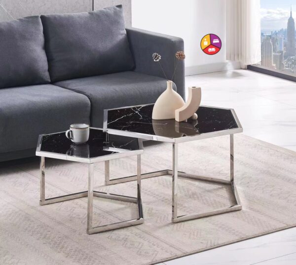 TABLE BASSE GIGOGNE HEXAGONA CHROME MARBRE NOIR