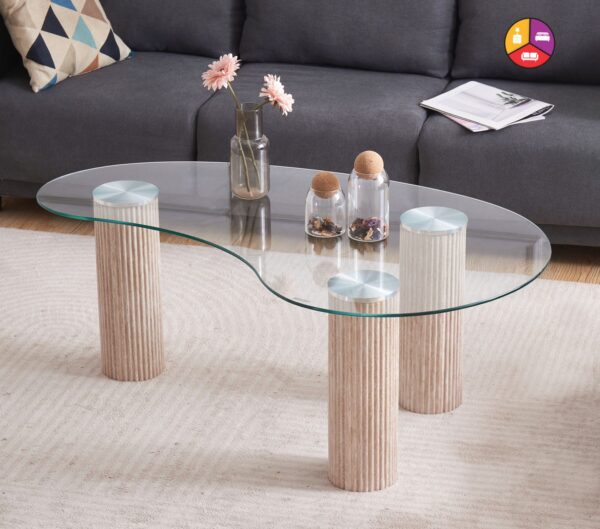 TABLE BASSE PYLONE PIED BEIGE PLATEAU TRANSPARENT